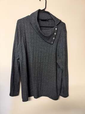 Rafaella Sweater Size XL Gray Ribbed Cowl Neck Decorative Buttons
